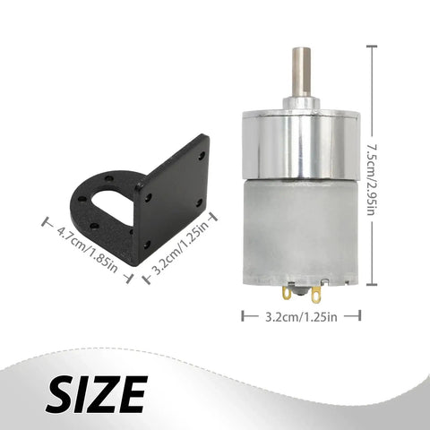 Powerful 12V DC Geared Motor With Bracket For Robotics, 600 RPM, showing dimensions and metal gear components