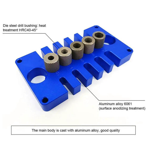 Top view of a 3 In 1 Woodworking Drill Guide And Punch Positioner With Pro Grade Precision Aluminum Alloy Dowel Jig in blue, 125mm x 70mm x 30mm.