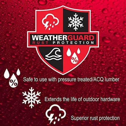 WeatherGuard rust protection logo with weather symbols, highlighting durability and rust resistance for outdoor hardware.