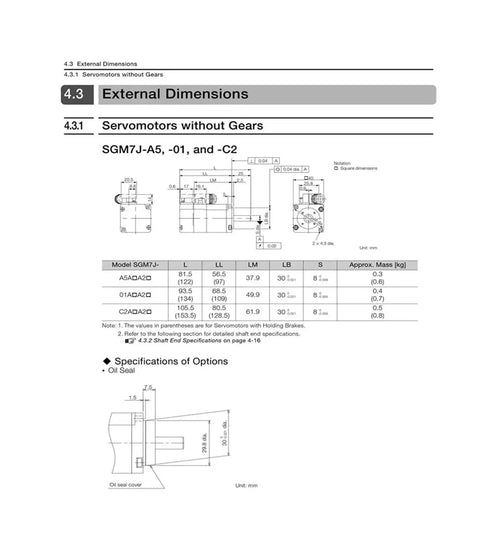 Technical drawing of SGM7J servo motors without gears; front and side views with dimensions for models A5, -01, -C2.