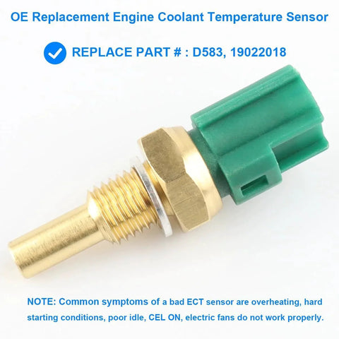 Engine Coolant Temperature Sensor ECT Replacement For Toyota Lexus Mazda Cars And SUVs Compatible With 4Runner Avalon Camry Corolla Highlander Matrix Prius ES300 RX300 Plug And Play Easy Install, image shows a brass OE-style sensor with green plastic plug.