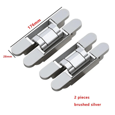 2 Pack Invisible Door Hinges For Outward Opening Doors With Hidden Three Dimensional Adjustable Cross Hinge 180 Degree Swing Wood Door Hardware Silver 177 28, 176mm x 28mm, brushed silver, front view.