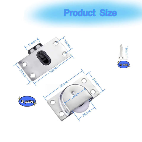 Two Sets Sliding Cabinet Door Hardware for Wardrobe Smooth Silent Nylon Pulley Rollers with 25mm Wheels, 16 Screws