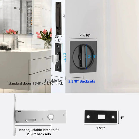 Pocket Door Privacy Lock And Pull In Stainless Steel 304 For Bed And Bath, Matte Black Square Sliding Barn Hardware dimensions