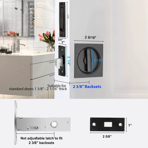 Pocket Door Privacy Lock And Pull In Matte Black Stainless Steel 304 With Two And Three Eighths Backset for flush door handles.