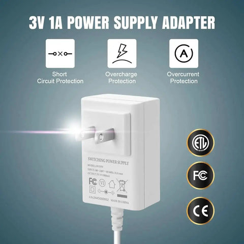 3V 1A power supply adapter with short circuit, overcharge, and overcurrent protection features, white color
