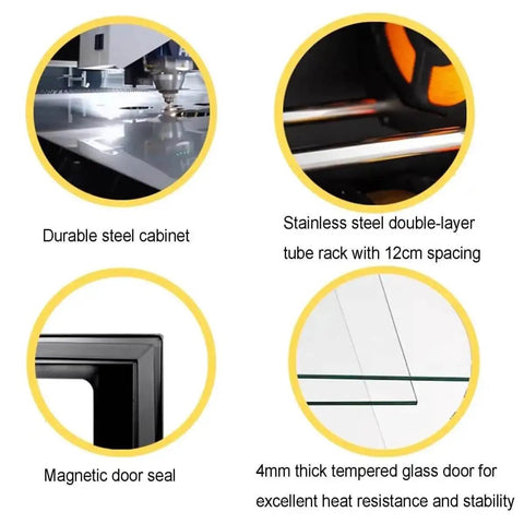 Features of All In One 70L Filament Dryer Box For 3D Printing Auto Humidity Sensor Dehumidify With PTC Heating, steel cabinet, and glass door
