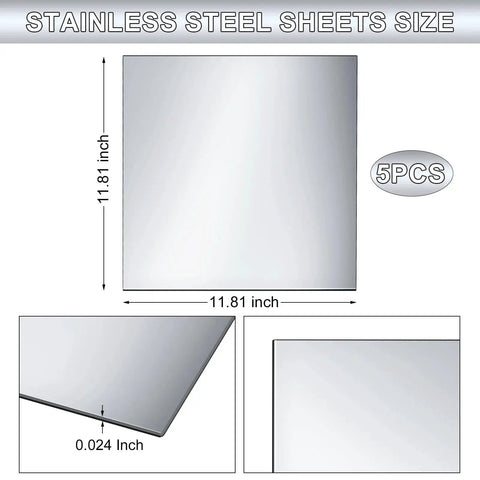 Five Piece 304 Stainless Steel Sheets Set With Mirror Finish For Crafts And DIY Projects Ideal For Jewelry Making Model Building And Kitchen Upgrades 11.81 Inches Square And 0.016 Inch Thick Shim Plates For Metalworking Gisafai, showing dimensions