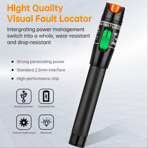 Moocci visual fault locator fiber optic tester, handheld with black knurled body, green on/off switch and orange tip; FC-LC adapter