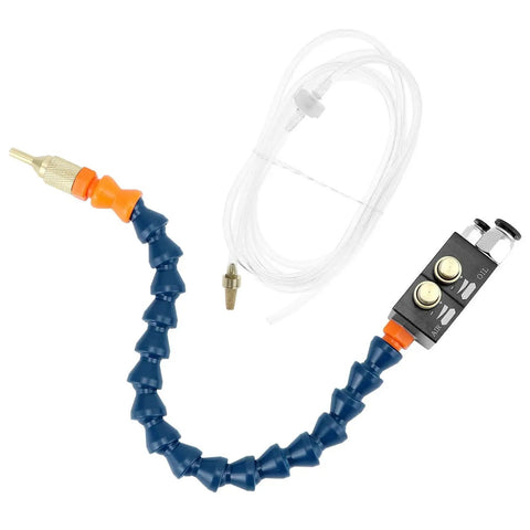 Mist Coolant Lubrication Spray System For CNC Lathe Milling And Drill Machines Boosts Cutting Speeds Extends Tool Life Slashes Coolant Use By Over Eighty Percent And Slashes Machining Costs While Keeping Work Areas Clean, flexible nozzle with control knobs, tubing and fittings