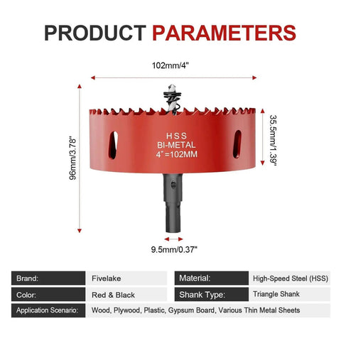 4 Inch Bi Metal Hole Saw With Pilot Drill Bit M42 High Speed Steel Pro Grade for PVC, drywall, wood, red color
