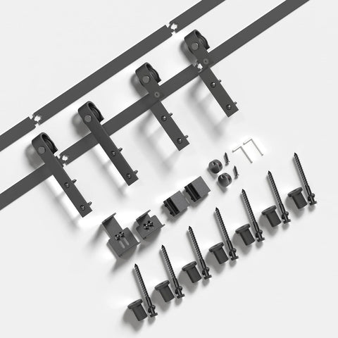 6 Ft Cabinet Bypass Sliding Barn Door Hardware Track Kit components including rail, nylon rollers, screws, and tools.