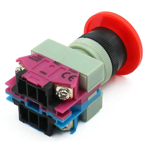 Emergency Stop Push Button Switch Heavy Duty 600V 10A Red Mushroom Head 22mm Plastic Cap 1NO 1NC Panel Mount For Industrial Control Panels Quick Acting Safety Stop