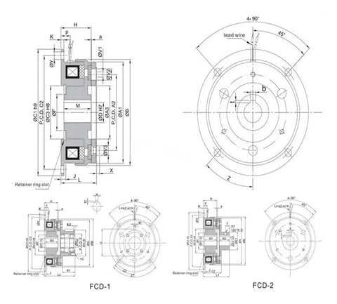 Electromagnetic disc brake FPBIGCHA FCD-1-001, blueprint-style front and side views with mounting flanges.
