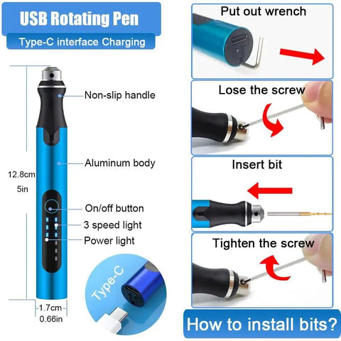 USB rotating pen with Type-C charging, 3 speed lights for All In One 3D Printing Tools Kit With USB Rotary Tool And 3 Speed Bits