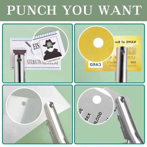 Heavy Duty 1/4 Inch Hole Punch With 2 Inch Deep Throat for ID cards, PVC tags, and cardboard, showing punched holes in different materials