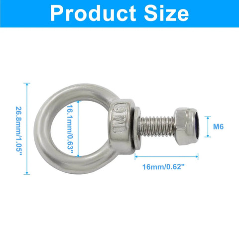 Front view of 10 Piece M6 x 16mm Stainless Steel Eye Bolts Set With Nuts And Washers Heavy Duty Lifting Eye Bolts For Rigging And Hoisting.