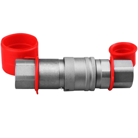 Side view of 3/8 in flat-face hydraulic quick-connect coupling with red dust caps, silver metal body.