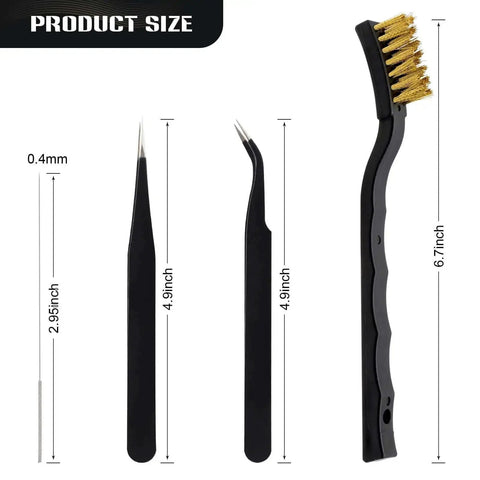 Nozzle Cleaning Kit For 3D Printers With Brush And Pro Tools, includes tweezers, 0.4mm needle, and copper brush size dimensions