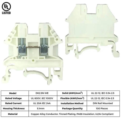 DK2.5N-WE DIN Rail Terminal Block Screw Type White UL 600V 20A 12-22AWG Compact Wiring Block For Tight Spaces