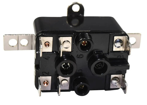 Close-up of Beefy Enclosed General Purpose Fan Relay Replacement For Emerson 90-380 24V Coil, top view showing connectors and tabs.