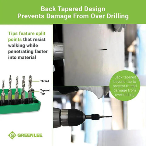One Step Drill Tap Kit For Metal With Quick Change Adapter That Drills Taps Deburrs And Countersinks In One Pass From 6-32 To 1/4-20 For Steel Aluminum And More By Greenlee showing drill in use on metal surface.