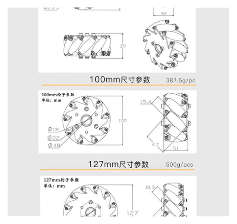 Technical diagrams of Metal Mecanum Wheel Set For DIY Robots Dope Omnidirectional Wheel Kit with 100mm and 127mm options