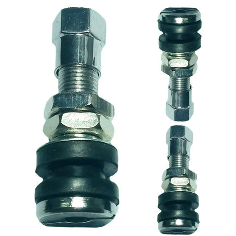 2 pcs stainless steel motorcycle tubeless tire valve stems with black rubber seals, silver
