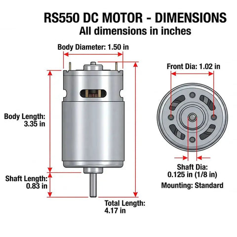 Dimensions diagram of Dual 24V RS555 35000RPM Electric Motor Drive Engines for ride-on cars and DIY projects.