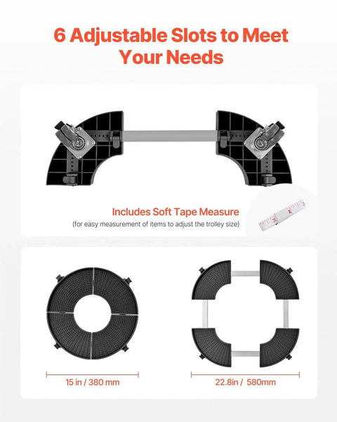 Heavy Duty Round Trash Can Dolly adjustable size diagram with tape measure 15 to 22.8 inches, 4 lockable wheels shown in parts