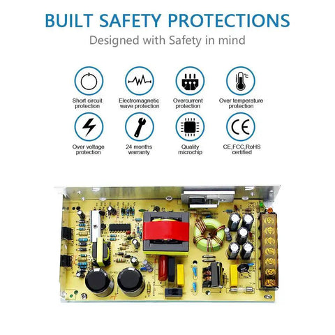Beefy 24V 5A 120W Switching Power Supply Adapter with built-in safety protections and electronic components visible