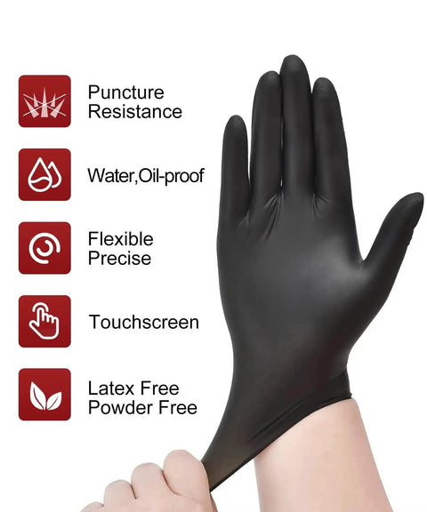 Hand wearing Six Mil Black Nitrile Gloves Textured Grip Latex Free Powder Free XL 100 Count, showing puncture resistance icons.