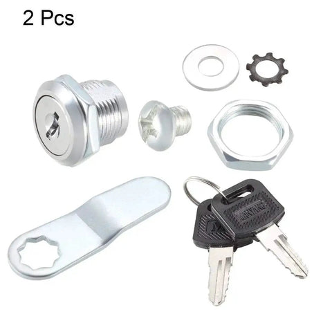 Cam Lock Three Quarter Inch Cylinder Length Cabinet Lock 2 Pack No 4 Cam Fits Up To One Half Inch Panel Thickness Zinc Alloy Chrome Plated Built Tough Keyed Different And Easy To Install, showing components and keys