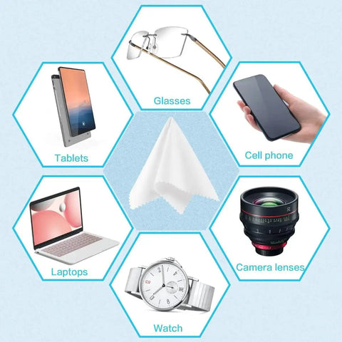 12 Pack Microfiber Glasses Cleaning Cloth 5x6 Inch Lens Wipes for Eyewear shown with glasses, tablet, phone, laptop, watch, camera lens