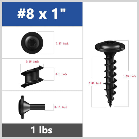 Heavy Duty Lag Screws For Wood 8 By 1 Inch Self Tapping Structural Screws With Washer Head T30 Star Drive Rust Resistant Black Coated Exterior Wood Screws 1 Lb Pack. Image shows dimensions and screw details.