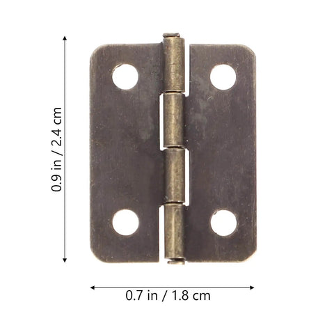 Close-up of a 2 Inch Mini Folding Hinge in Antique Copper for Jewelry Boxes, showing dimensions; part of a 20-pack with screws.