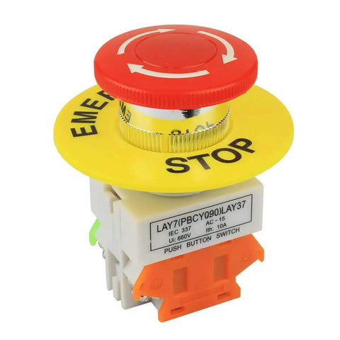Emergency Stop Push Button Switch 660V 10A Red Mushroom Cap 1NO 1NC DPST Latching Self Lock with 22mm mount and yellow base