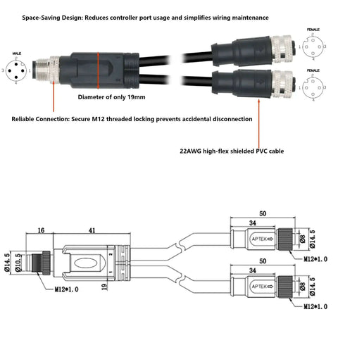 Devicenet Splitters 4 Pin A Coded M12 Y Splitter Cable 1 To 2 For Industri...