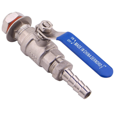DERNORD 1/2 in stainless steel ball valve with weldless bulkhead and blue lever, 1/2 NPT to 1/2 barb hose for home brew kettle