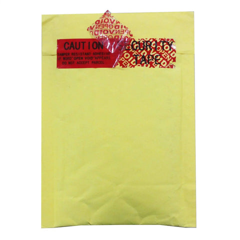 TamperSeals Group red void tamper tape on yellow padded mailer envelope