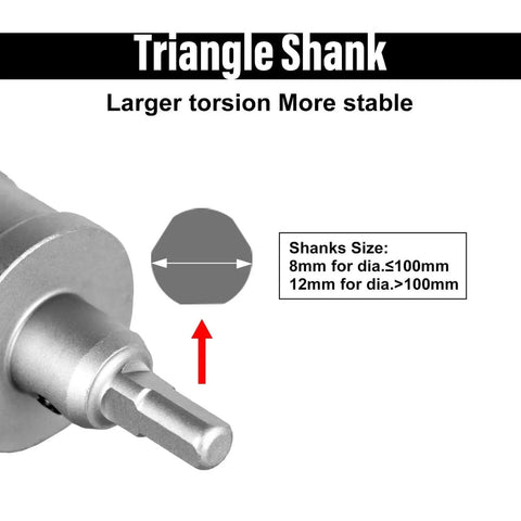 Close-up of triangle shank from Seven Eighths Inch Tungsten Carbide TCT Hole Saw Kit With Titanium Plated Pilot Drill Bit for metals.