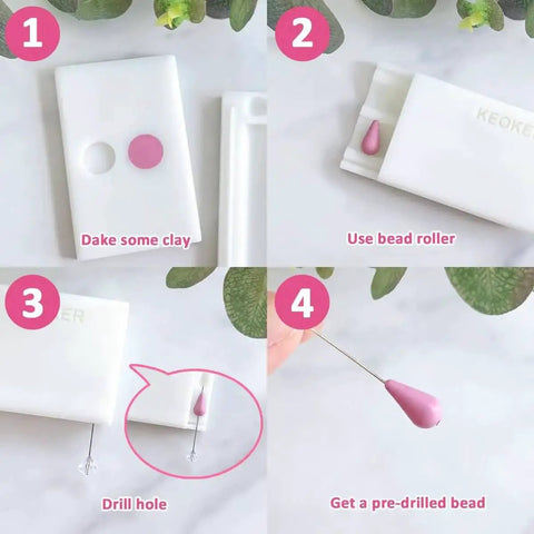 Steps for using Pro Polymer Clay Bead Roller And Hole Maker Kit: shaping and piercing a teardrop bead with molds and needle tool.