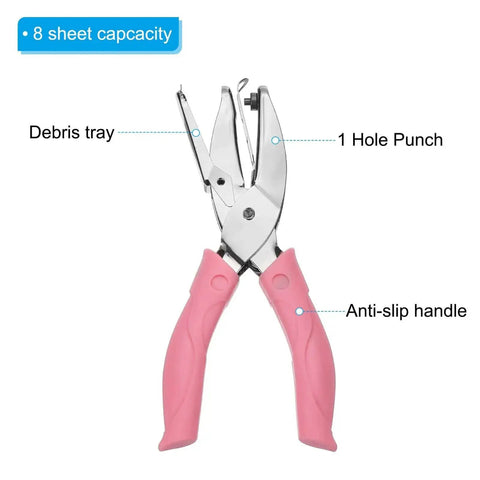 Dual Size Circle Hole Punch Set For Paper Craft And Scrapbooking, pink puncher with anti-slip handle, debris tray, and 8 sheet capacity.