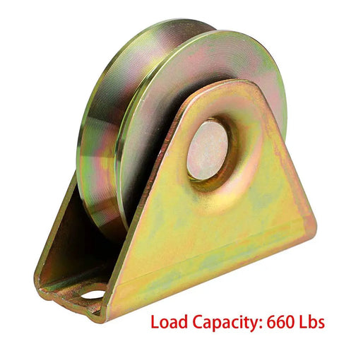 Beefed Up Heavy Duty 3 Inch Sliding Gate Wheels With V Groove Caster And Bracket For V Track Rails Each 650 Lb Load Capacity Close-Up