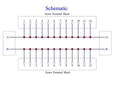 Schematic diagram of Heavy Duty Screw Terminal Block Distribution Box Module 30A 300V 2x12 Positions with expansion capability for modules.