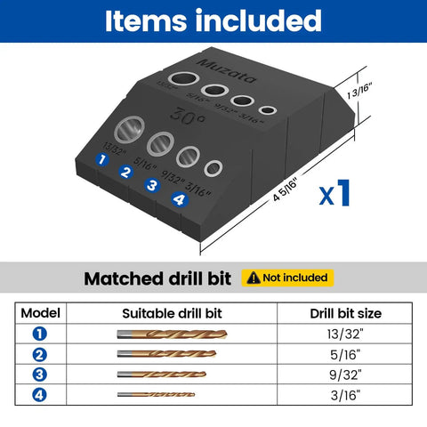 Upgraded Multi Angle Cable Railing Drill Guide Jig For 30 45 90 Degree Angles DIY Friendly Drilling Template With Four Size Options For Horizontal Wood Posts Makes Cable Railing Install Quick Precise And Simple, showing drill guide with four hole sizes and dimensions.