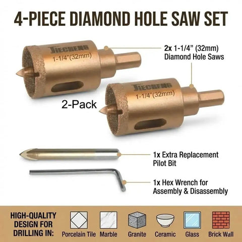Two Pack 1 1/4 Inch Diamond Hole Saw Kit With Vacuum Brazed Core Drill Bit And Center Pilot Bit For Porcelain Tile Marble Granite Stone And Brick 1.38 Inch Cutting Depth For Standard Hand Drill visible with extra bits and hex wrench