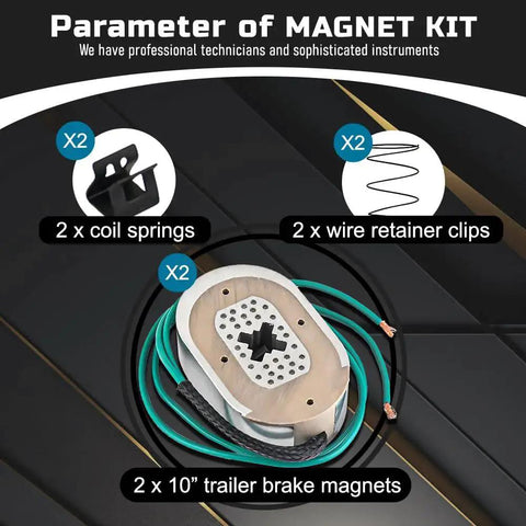 Front view of trailer brake magnet kit with two 10-inch magnets, coil springs and wire retainer clips for 3500 lb axles