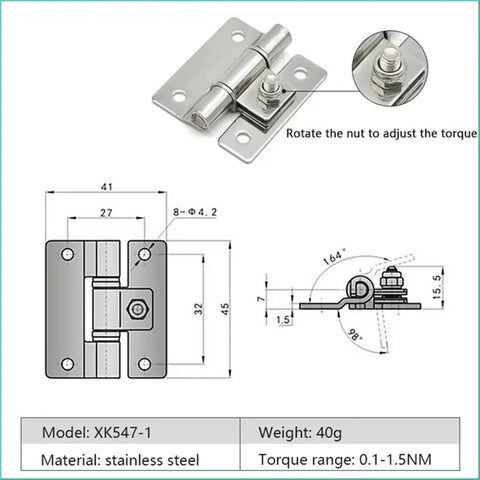 Stainless Steel Torque Door Hinge With Friction Damping And Free Stop For Precise Positioning Durable DIY Metalworking Hinge For Doors Two Point Five By Five Millimeter Size Model XK548 One Piece showing technical diagrams and dimensions.