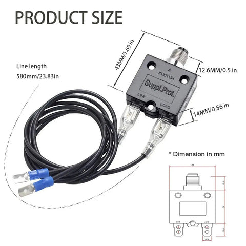 Plug And Play 3 Amp And 5 Amp Resettable Fuse For HVAC Circuits, showing detailed dimensions and wiring for thermal overload protection.